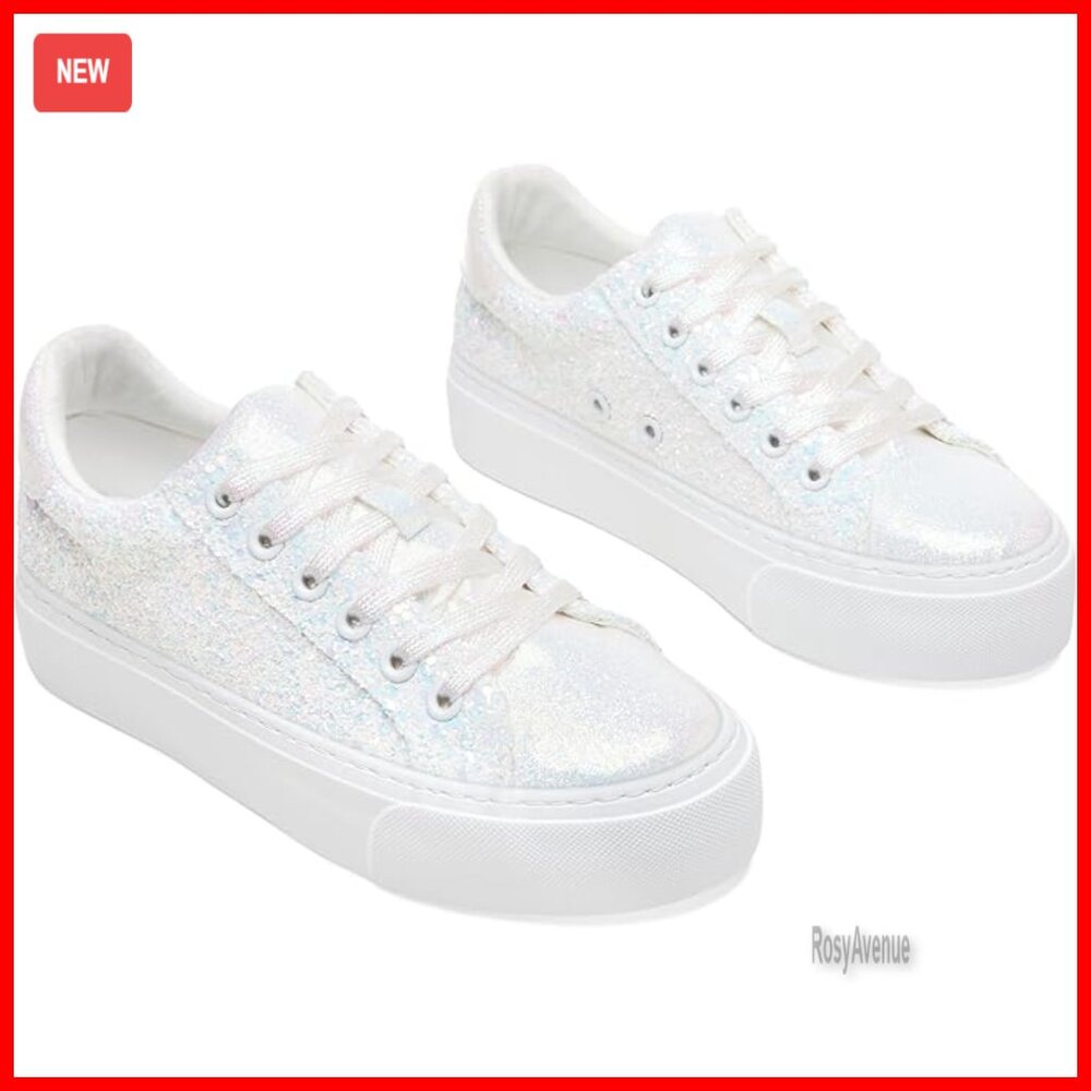 Glitter Platform Sneakers Lace-Up Chunky Low-Top Comfortable Walking Shoes